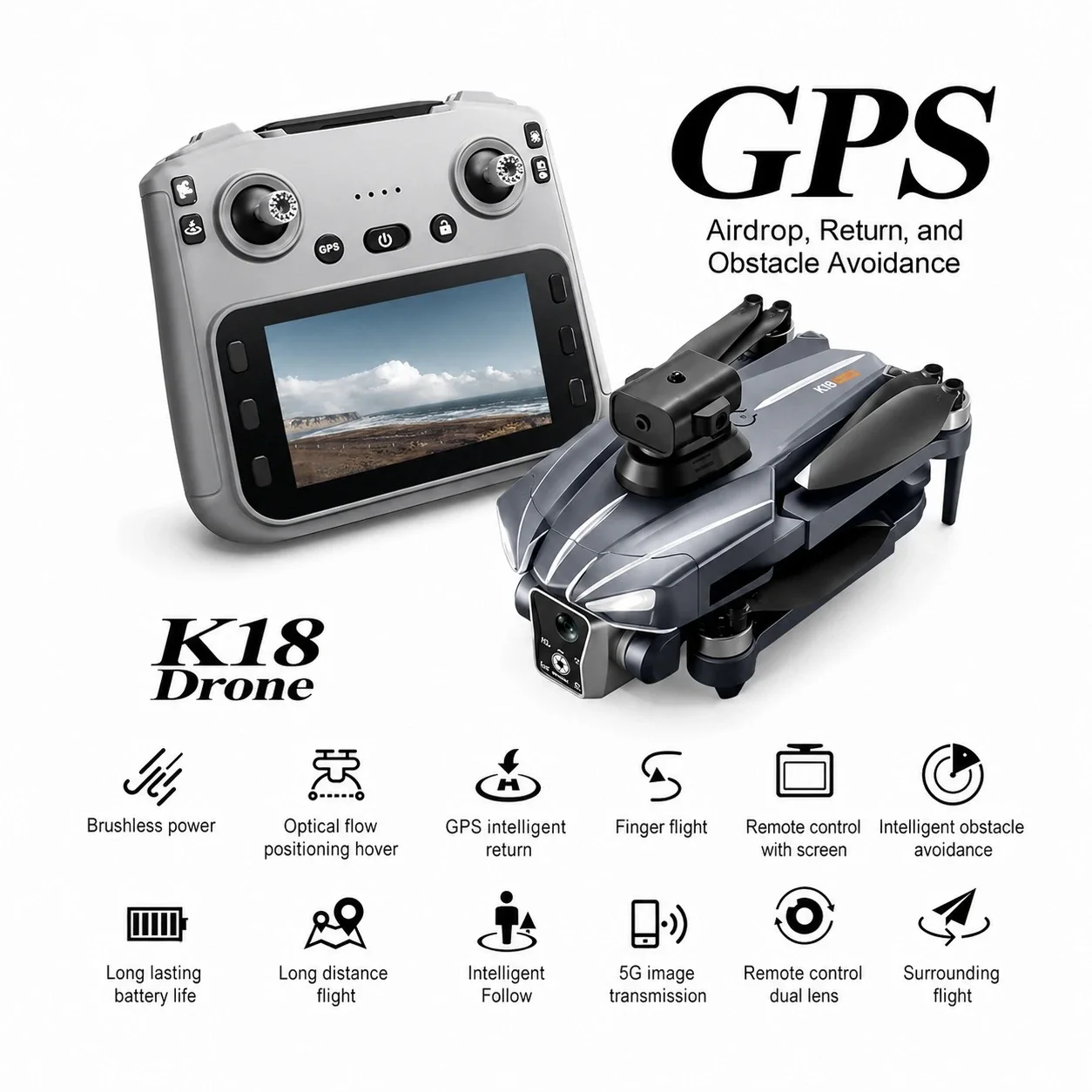 K18 Max GPS Drone with HD Gimbal Camera, Screen Remote, Return Home, Obstacle Avoidance & Airdrop Function - Image 6